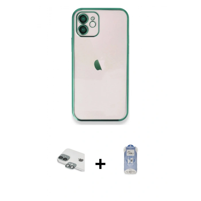 ieg™ iPhone 11 Kılıf Vadi Minimal - Siyah Joko Magic 5D Cam + Yeşil Pers Alüminyum Kamera Lens