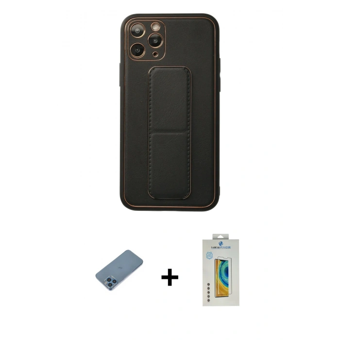ieg™ iPhone 11 Pro Kılıf Akış Doku - Siyah Polymer Nano Ekran Koruyucu + Mavi Shine Kamera Lens Koruma Cam