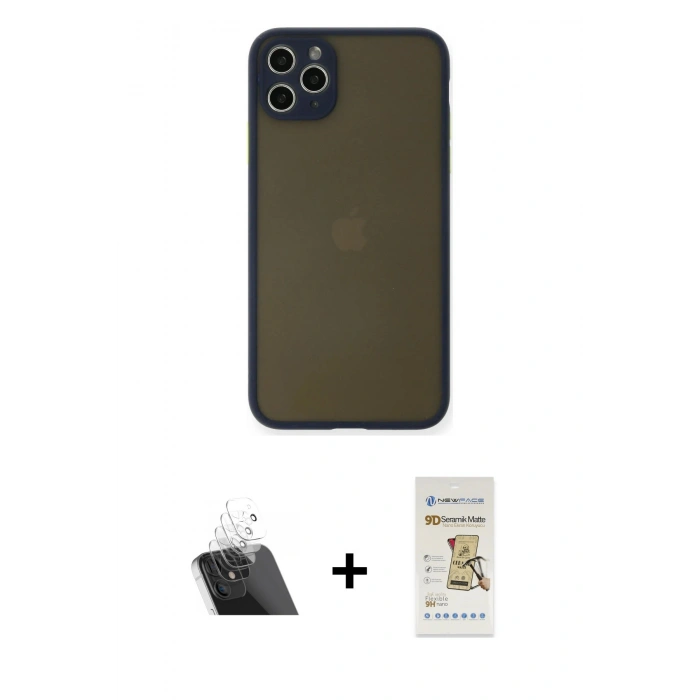 ieg™ iPhone 11 Pro Max Kılıf Ahenk Çizgi Serisi - Siyah Mat Seramik Nano Ekran Koruyucu + Şeffaf Kamera Lens Koruma Cam