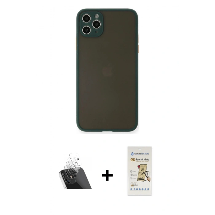 ieg™ iPhone 11 Pro Max Kılıf Ahenk Çizgi Serisi - Siyah Mat Seramik Nano Ekran Koruyucu + Şeffaf Kamera Lens Koruma Cam