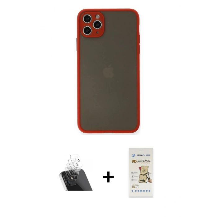 ieg™ iPhone 11 Pro Max Kılıf Ahenk Çizgi Serisi - Siyah Mat Seramik Nano Ekran Koruyucu + Şeffaf Kamera Lens Koruma Cam