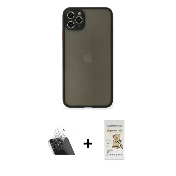 ieg™ iPhone 11 Pro Max Kılıf Ahenk Çizgi Serisi - Siyah Mat Seramik Nano Ekran Koruyucu + Şeffaf Kamera Lens Koruma Cam