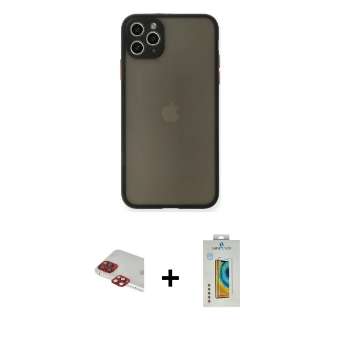 ieg™ iPhone 11 Pro Max Kılıf Ahenk Çizgi Serisi - Siyah Polymer Nano Ekran Koruyucu + Kırmızı Pers Alüminyum Kamera Lens