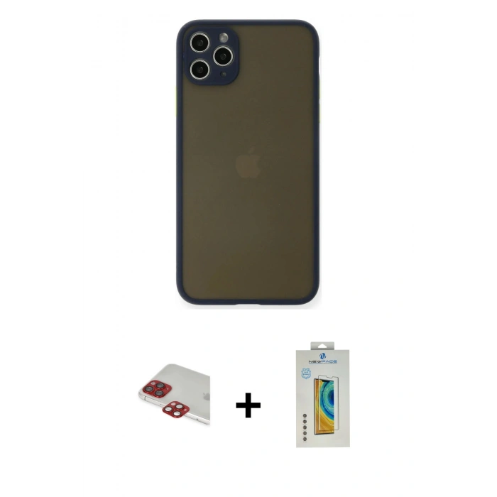 ieg™ iPhone 11 Pro Max Kılıf Ahenk Çizgi Serisi - Siyah Polymer Nano Ekran Koruyucu + Kırmızı Pers Alüminyum Kamera Lens