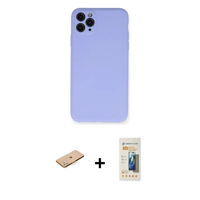 ieg™ iPhone 11 Pro Max Kılıf Ahenk Serisi - Siyah 6D Mat Seramik Hayalet Nano Ekran Koruyucu + Turuncu Renkli Kamera Lens Koruma Cam