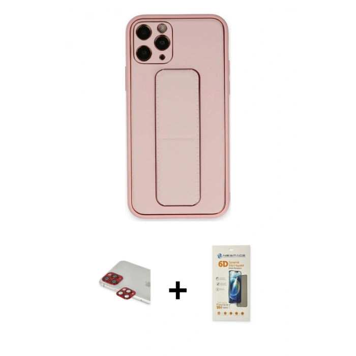 ieg™ iPhone 11 Pro Max Kılıf Akış Doku - Siyah 6D Mat Seramik Hayalet Nano Ekran Koruyucu + Kırmızı Pers Alüminyum Kamera Lens