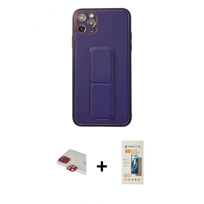 ieg™ iPhone 11 Pro Max Kılıf Akış Doku - Siyah 6D Mat Seramik Hayalet Nano Ekran Koruyucu + Kırmızı Pers Alüminyum Kamera Lens