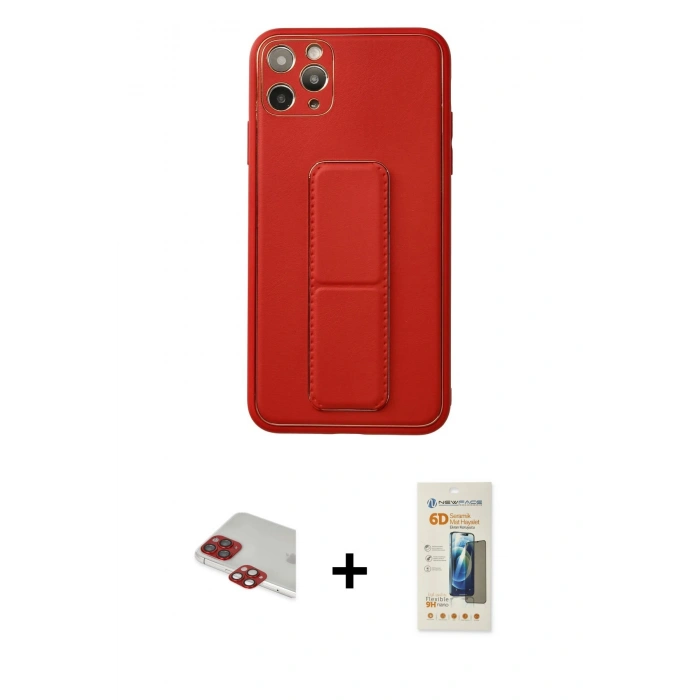 ieg™ iPhone 11 Pro Max Kılıf Akış Doku - Siyah 6D Mat Seramik Hayalet Nano Ekran Koruyucu + Kırmızı Pers Alüminyum Kamera Lens