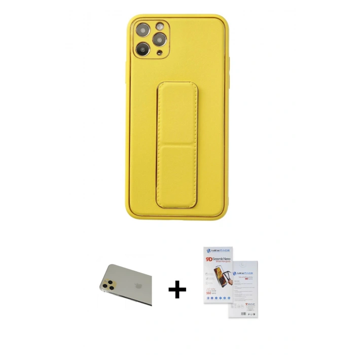 ieg™ iPhone 11 Pro Max Kılıf Akış Doku - Siyah Seramik Nano Ekran Koruyucu + Gold Rainbow Kamera Lens Koruma Cam