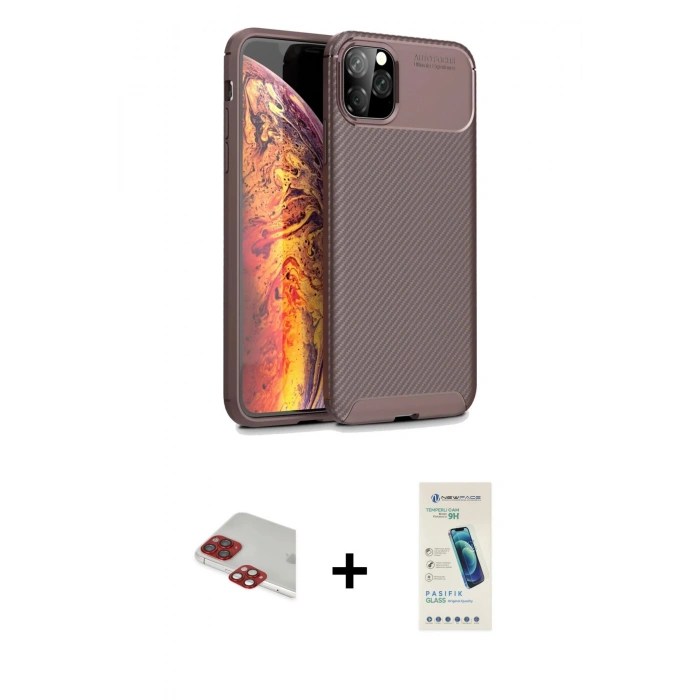 ieg™ iPhone 11 Pro Max Kılıf Eksen Form Prime - Şeffaf Pasifik Cam Ekran Koruyucu + Kırmızı Pers Alüminyum Kamera Lens