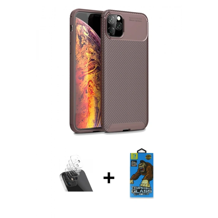 ieg™ iPhone 11 Pro Max Kılıf Eksen Form Prime - Siyah 18D Cam Ekran Koruyucu + Şeffaf Kamera Lens Koruma Cam