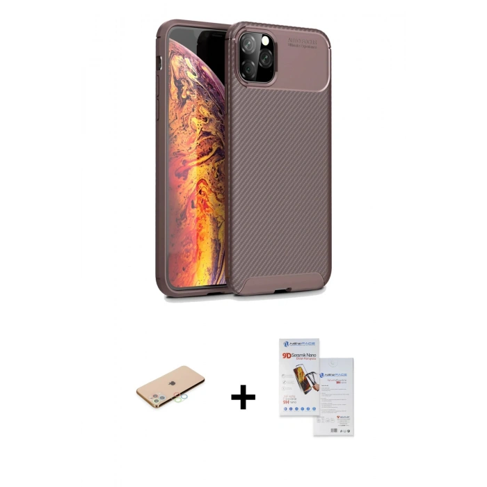 ieg™ iPhone 11 Pro Max Kılıf Eksen Form Prime - Siyah Seramik Nano Ekran Koruyucu + Mavi Renkli Kamera Lens Koruma Cam
