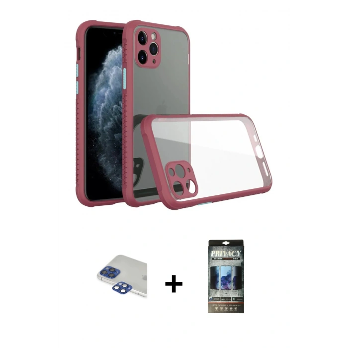 ieg™ iPhone 11 Pro Max Kılıf Nova Asil Özel Seri - Siyah 34D Hayalet Izgaralı Cam + Lacivert Pers Alüminyum Kamera Lens