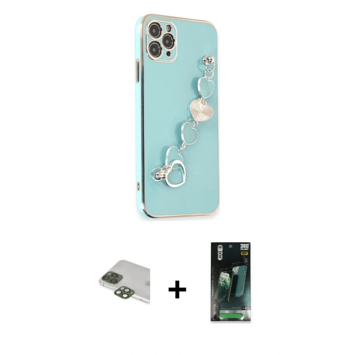 ieg™ iPhone 11 Pro Max Kılıf Nova Işık Prime - Şeffaf 360 Full Body Arka Koruyucu + Yeşil Pers Alüminyum Kamera Lens