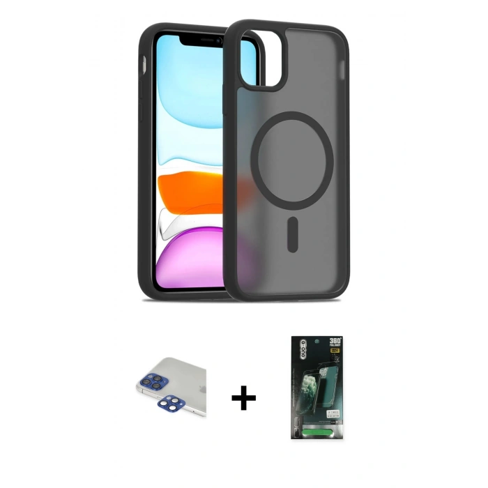 ieg™ iPhone 11 Pro Max Kılıf Siluet Minimal Prime - Siyah 360 Mat Full Body Arka Koruyucu + Lacivert Pers Alüminyum Kamera Lens