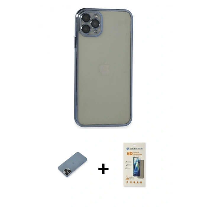 ieg™ iPhone 11 Pro Max Kılıf Vadi Minimal - Siyah 6D Mat Seramik Hayalet Nano Ekran Koruyucu + Siyah Metal Kamera Lens Koruma Cam