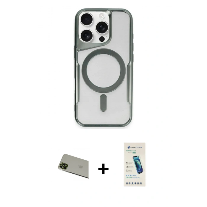 ieg™ iPhone 11 Pro Max Kılıf Yadigar Klasik Özel Seri - Şeffaf Pasifik Cam Ekran Koruyucu + Yeşil Rainbow Kamera Lens Koruma Cam