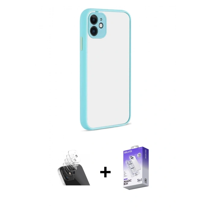 ieg™ iPhone 12 Kılıf Ahenk Çizgi Serisi - Siyah Bilvis 5in1 3D Magic Cam Ekran Koruyucu + Şeffaf Kamera Lens Koruma Cam