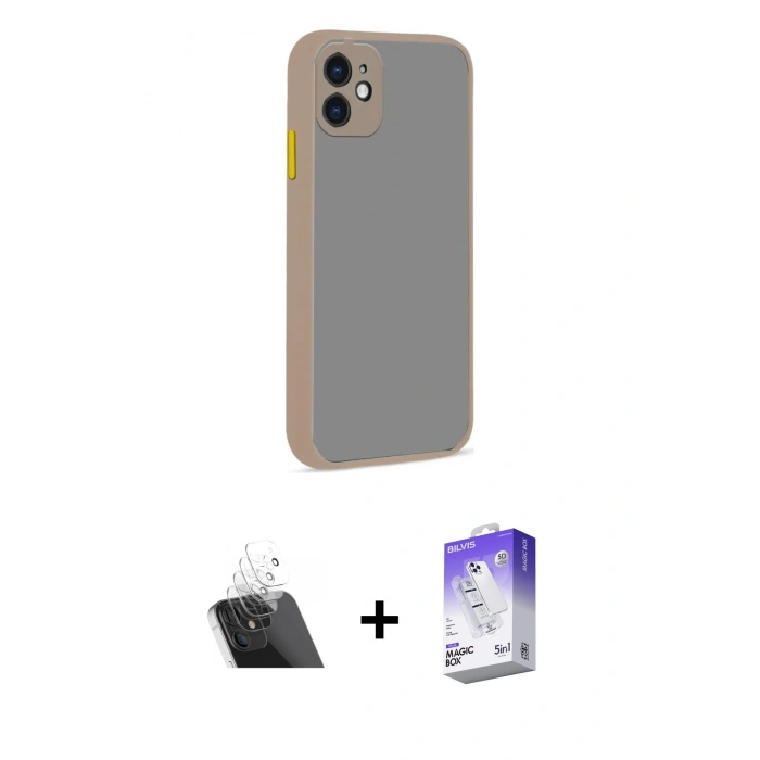 ieg™ iPhone 12 Kılıf Ahenk Çizgi Serisi - Siyah Bilvis 5in1 3D Magic Cam Ekran Koruyucu + Şeffaf Kamera Lens Koruma Cam
