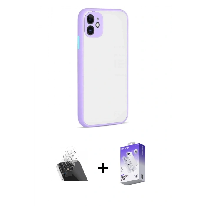 ieg™ iPhone 12 Kılıf Ahenk Çizgi Serisi - Siyah Bilvis 5in1 3D Magic Cam Ekran Koruyucu + Şeffaf Kamera Lens Koruma Cam