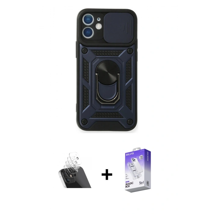 ieg™ iPhone 12 Kılıf Ahenk Klasik - Siyah Bilvis 5in1 3D Magic Cam Ekran Koruyucu + Şeffaf Kamera Lens Koruma Cam