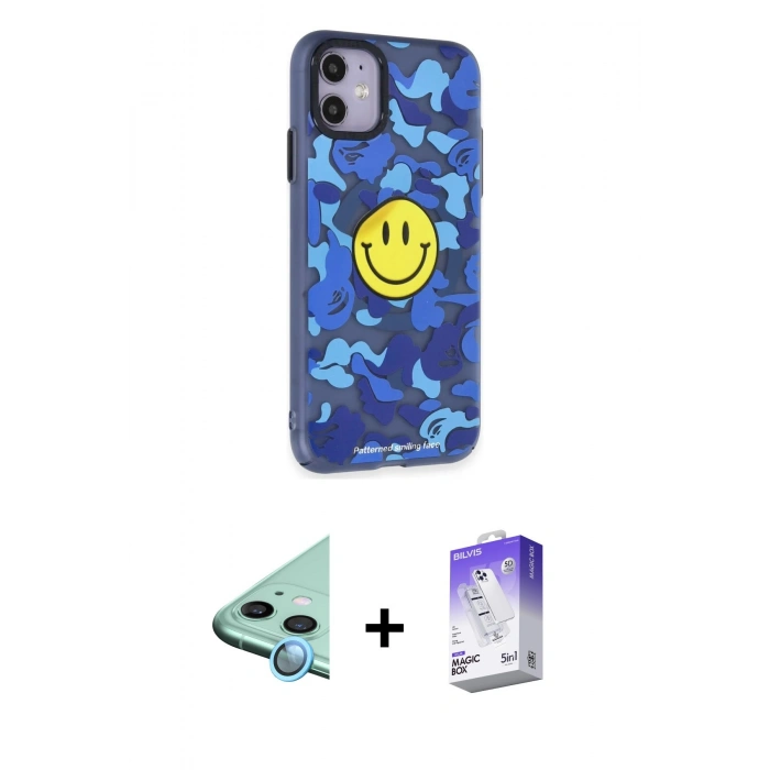 ieg™ iPhone 12 Kılıf Nova Doku Koleksiyonu - Siyah Bilvis 5in1 3D Magic Cam Ekran Koruyucu + Mavi Raze Metal Kamera Lens