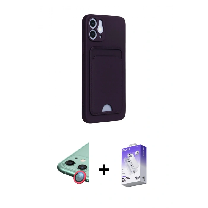 ieg™ iPhone 12 Kılıf Vadi Çizgi Prime - Siyah Bilvis 5in1 3D Magic Cam Ekran Koruyucu + Kırmızı Raze Metal Kamera Lens