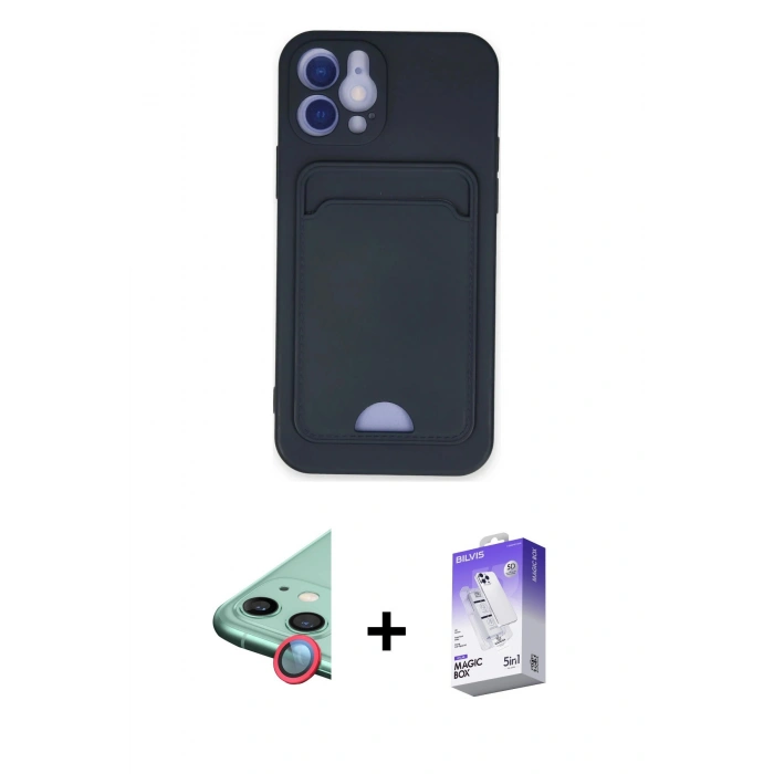 ieg™ iPhone 12 Kılıf Vadi Çizgi Prime - Siyah Bilvis 5in1 3D Magic Cam Ekran Koruyucu + Kırmızı Raze Metal Kamera Lens