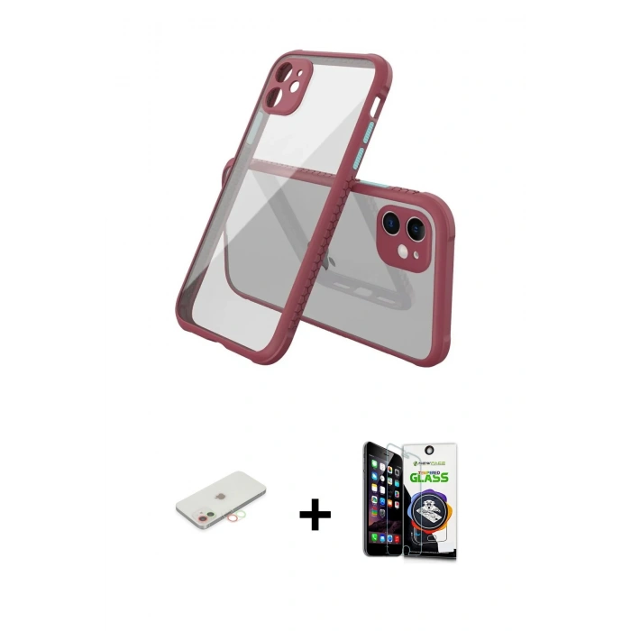 ieg™ iPhone 12 Mini Kılıf Nova Asil Özel Seri - Şeffaf Temperli Cam Ekran Koruyucu + Yeşil Renkli Kamera Lens Koruma Cam