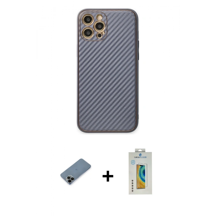 ieg™ iPhone 12 Pro Kılıf Ahenk Işık - Siyah Polymer Nano Ekran Koruyucu + Siyah Shine Kamera Lens Koruma Cam