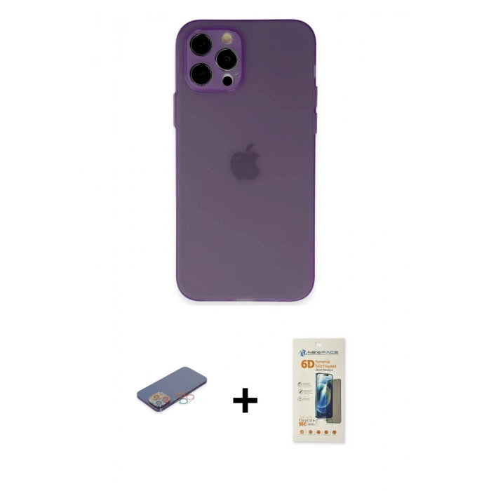 MARSİLYAN™- iPhone 12 Pro Kılıf Atlas Minimal Prime - Siyah 6D Mat Seramik Hayalet Nano Ekran Koruyucu + Renkli Kamera Lens Koruma Cam - PE