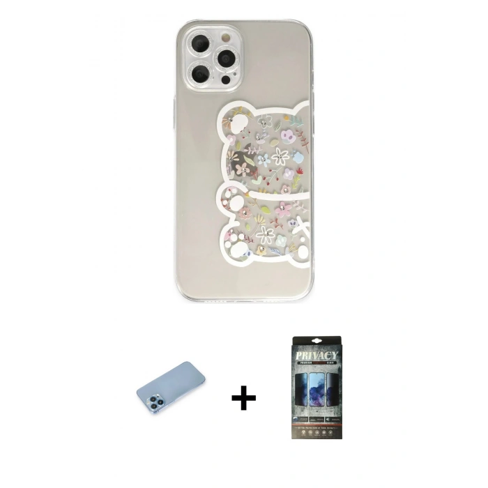 ieg™ iPhone 12 Pro Kılıf Eksen Asil Prime - Siyah 34D Hayalet Izgaralı Cam + Mavi Shine Kamera Lens Koruma Cam
