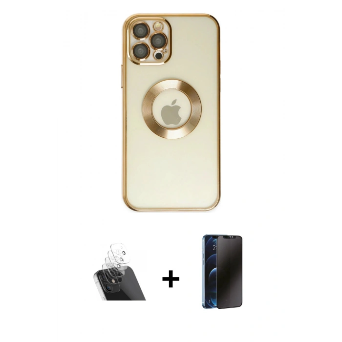 ieg™ iPhone 12 Pro Kılıf Pusula Form - Siyah 3D Antistatik Hayalet Cam Ekran Koruyucu + Şeffaf Kamera Lens Koruma Cam