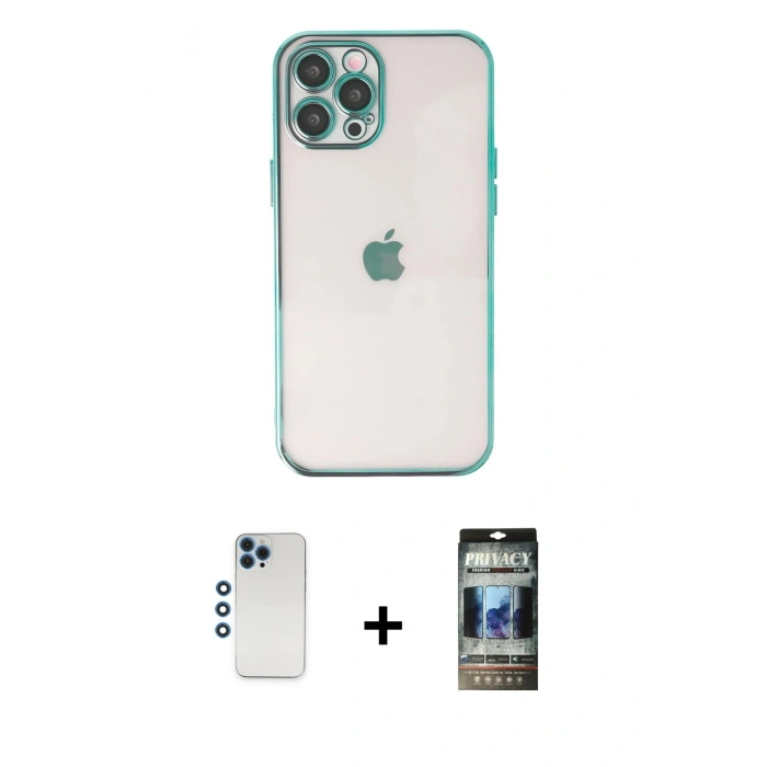 ieg™ iPhone 12 Pro Kılıf Vadi Minimal - Siyah 34D Hayalet Izgaralı Cam + Mavi Shine Kamera Lens