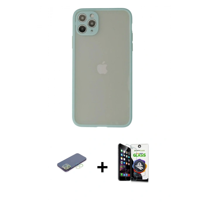 ieg™ iPhone 12 Pro Max Kılıf Ahenk Çizgi Serisi - Şeffaf Temperli Cam Ekran Koruyucu + Yeşil Renkli Kamera Lens Koruma Cam