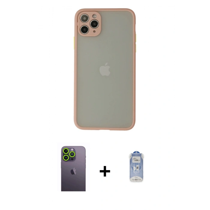 ieg™ iPhone 12 Pro Max Kılıf Ahenk Çizgi Serisi - Siyah Joko Magic 5D Cam + Yeşil Neon Fosforlu Kamera Lens