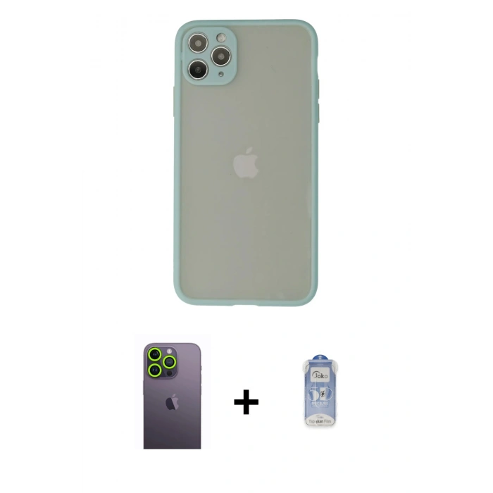 ieg™ iPhone 12 Pro Max Kılıf Ahenk Çizgi Serisi - Siyah Joko Magic 5D Cam + Yeşil Neon Fosforlu Kamera Lens
