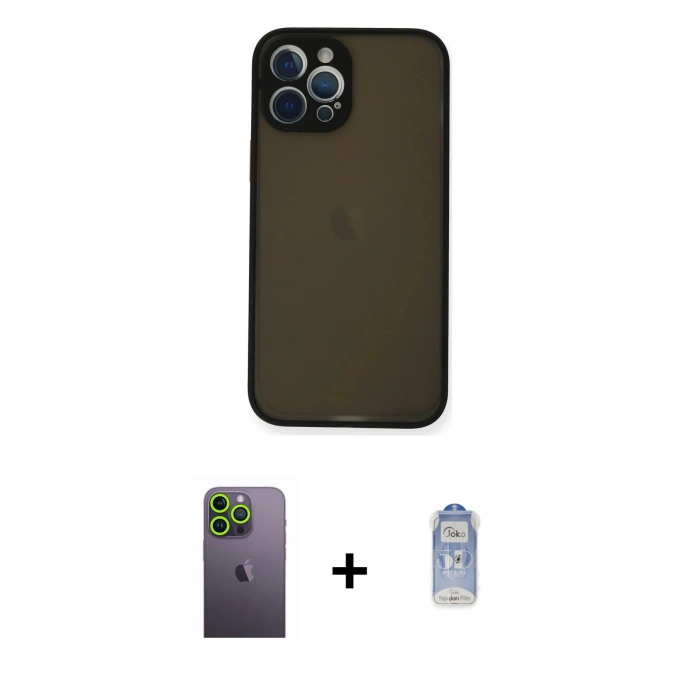 ieg™ iPhone 12 Pro Max Kılıf Ahenk Çizgi Serisi - Siyah Joko Magic 5D Cam + Yeşil Neon Fosforlu Kamera Lens