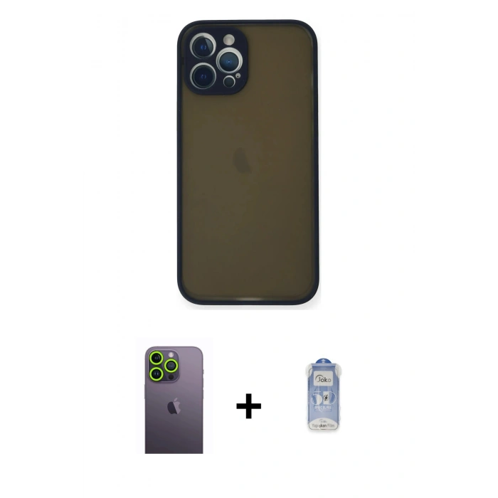 ieg™ iPhone 12 Pro Max Kılıf Ahenk Çizgi Serisi - Siyah Joko Magic 5D Cam + Yeşil Neon Fosforlu Kamera Lens