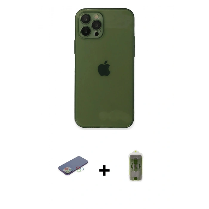 ieg™ iPhone 12 Pro Max Kılıf Ahenk Doku - Siyah Joko Magic 5D Hayalet Cam + Mavi Renkli Kamera Lens Koruma Cam