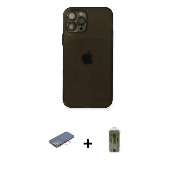 ieg™ iPhone 12 Pro Max Kılıf Ahenk Doku - Siyah Joko Magic 5D Hayalet Cam + Mavi Renkli Kamera Lens Koruma Cam