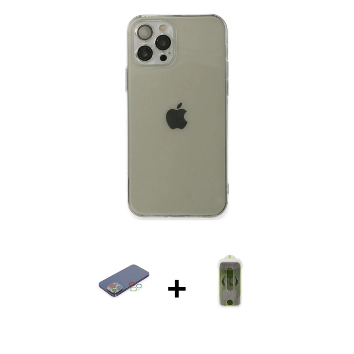ieg™ iPhone 12 Pro Max Kılıf Ahenk Doku - Siyah Joko Magic 5D Hayalet Cam + Mavi Renkli Kamera Lens Koruma Cam