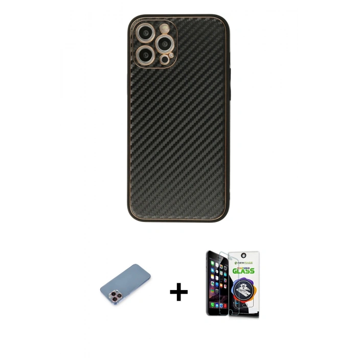 ieg™ iPhone 12 Pro Max Kılıf Ahenk Işık - Şeffaf Temperli Cam Ekran Koruyucu + Pembe Shine Kamera Lens Koruma Cam