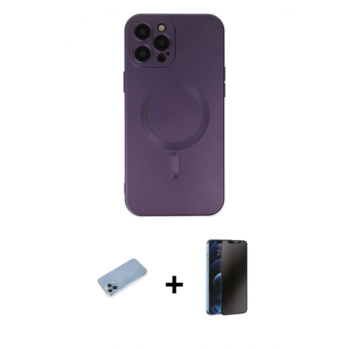 ieg™ iPhone 12 Pro Max Kılıf Akış Minimal Özel Seri - Siyah 3D Antistatik Hayalet Cam Ekran Koruyucu + Mavi Shine Kamera Lens Koruma Cam