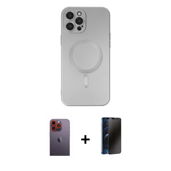 ieg™ iPhone 12 Pro Max Kılıf Akış Minimal Özel Seri - Siyah 3D Antistatik Hayalet Cam Ekran Koruyucu + Turuncu Neon Fosforlu Kamera Lens