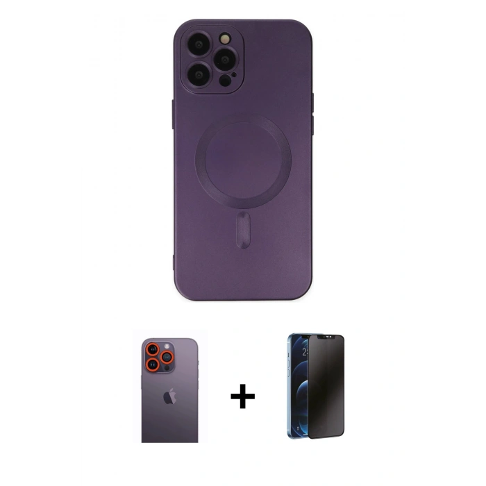 ieg™ iPhone 12 Pro Max Kılıf Akış Minimal Özel Seri - Siyah 3D Antistatik Hayalet Cam Ekran Koruyucu + Turuncu Neon Fosforlu Kamera Lens