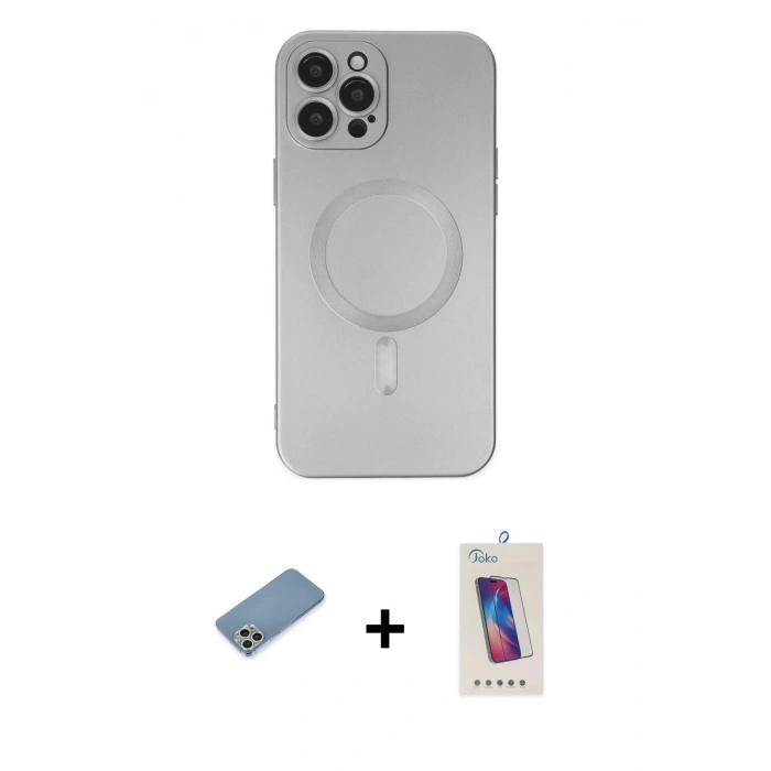 ieg™ iPhone 12 Pro Max Kılıf Akış Minimal Özel Seri - Siyah Joko 5D Cam + Gümüş Shine Kamera Lens Koruma Cam