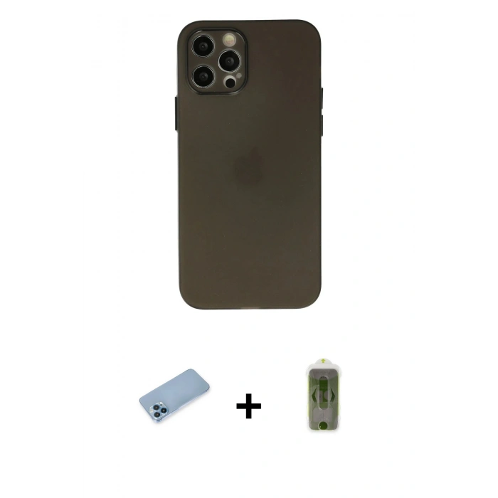 ieg™ iPhone 12 Pro Max Kılıf Atlas Minimal Prime - Siyah Joko Magic 5D Hayalet Cam + Mavi Shine Kamera Lens Koruma Cam