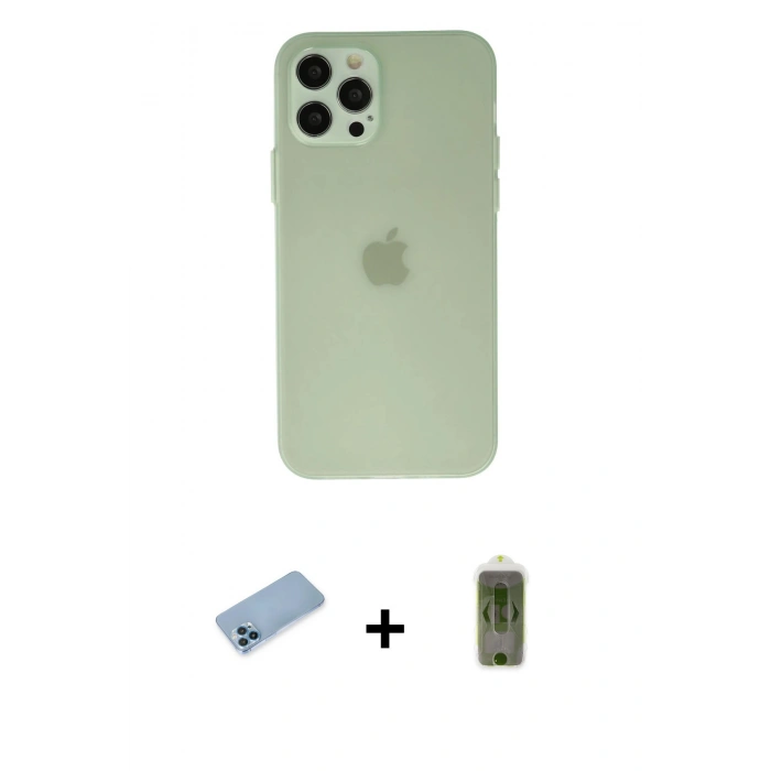ieg™ iPhone 12 Pro Max Kılıf Atlas Minimal Prime - Siyah Joko Magic 5D Hayalet Cam + Mavi Shine Kamera Lens Koruma Cam