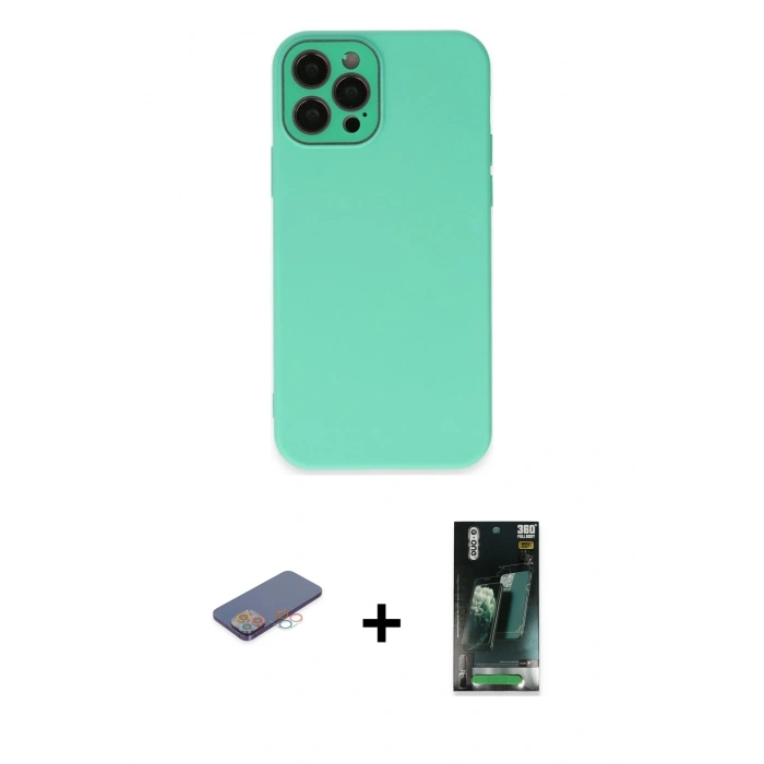 ieg™ iPhone 12 Pro Max Kılıf Çekirdek Modern Serisi - Şeffaf 360 Full Body Arka Koruyucu + Pembe Renkli Kamera Lens Koruma Cam